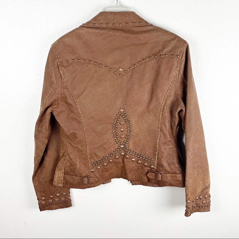 CRIPPLE CREEK Brown 100% Genuine Leather Studded Zip Pockets Jacket Size Medium - Picture 2 of 10